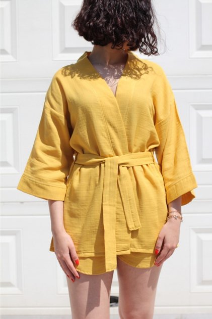 Women's Yellow Muslin Shorts & Kimono Set