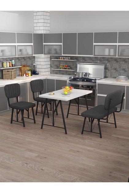 Hayat 70x110 Beyaz Mutfak Masası, Mutfak Masası Takımı, Yemek Masası, 2 Sandalye 1 Bench - Antrasit