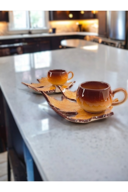 Decorative Sycamore Leaf Figured, Coffee Colored Tea Coffee Cup Set for 2 People