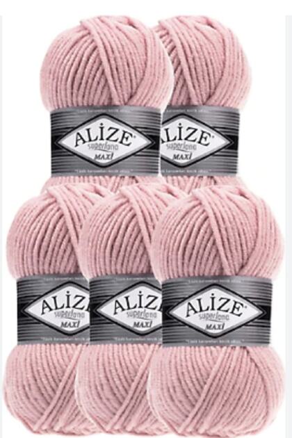Set 5 bucăți fir de tricotat manual Superlana Maxi, gros, roz pudră 161, pentru vestă, cardigan, fular, căciulă, pulover
