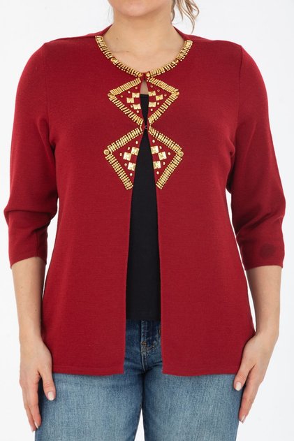 Gold Accessory Embroidered Three-Quarter Sleeve Wool Cardigan