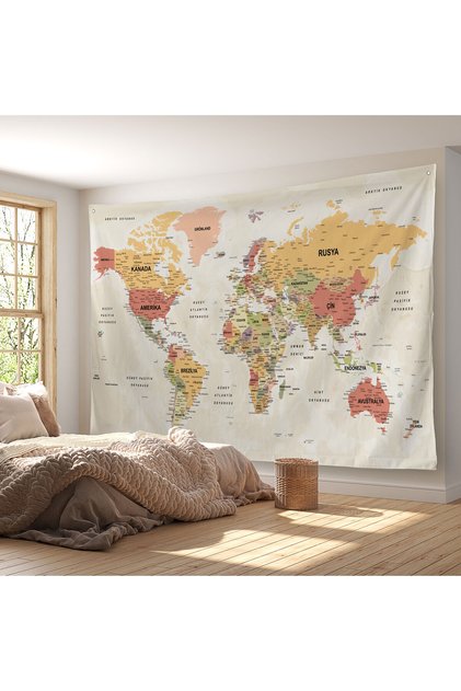 Wall Cover / Carpet Detailed Current Turkish World Map Quality Canvas Fabric-3979