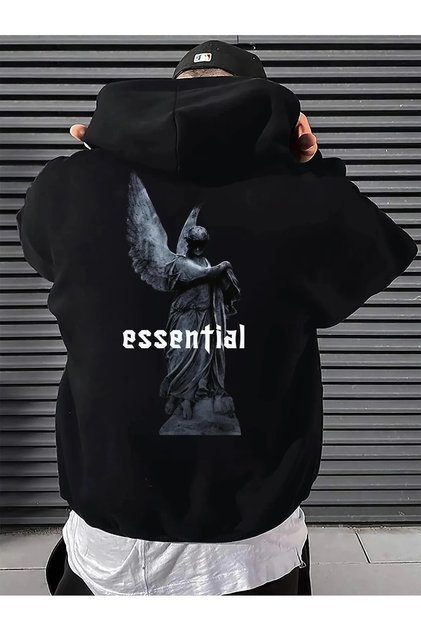 Black Essential Printed 3 thread Oversize Hooded Sweatshirt