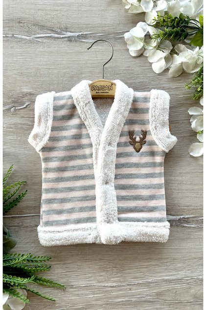 Wellsoft Winter Baby Vest with Plush Inside and Deer Embroidery Salmon Stripes
