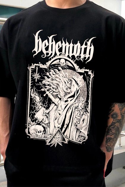 Siyah Renk Behemoth Baskılı Unisex oversize Kesim Metal-Rock T-shirt