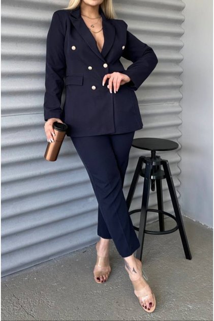 Blazer de damă bleumarin, cu buzunare cu centură, pantaloni cu picior, costum de mărime mare