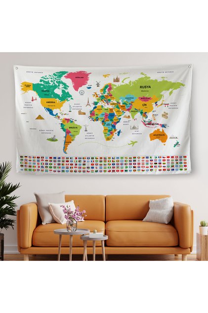 Wall Covering / Carpet Turkish Current World Map with Flag Detail -3967