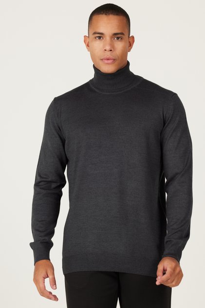 Men's Anthracite-Melange Wool Standard Fit Regular Cut Full Turtleneck Knitwear Sweater