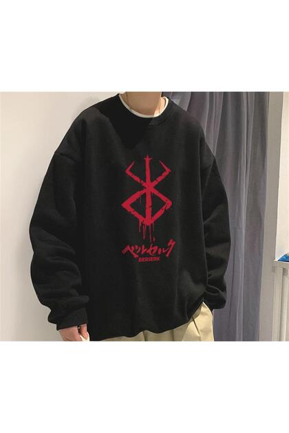 Pofidi Vintage Berserk Logo Printed Black Unisex Oversize Crew Neck Sweatshirt