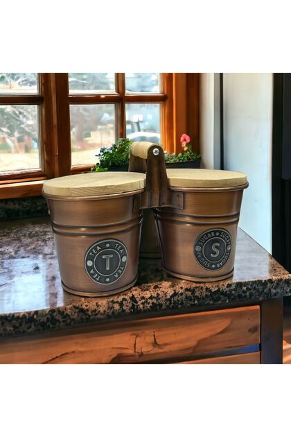 Galvanized Copper Plated Double Tea Sugar Storage Container with Wooden Lid 12X12