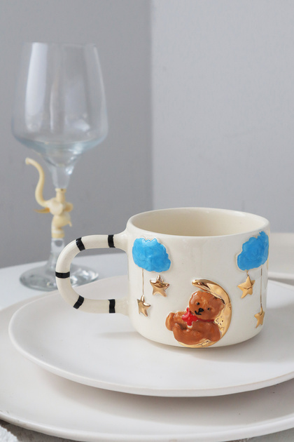 Handmade 24K Gold Decorated Ceramic Mug with Teddy Bear Figure 250ml