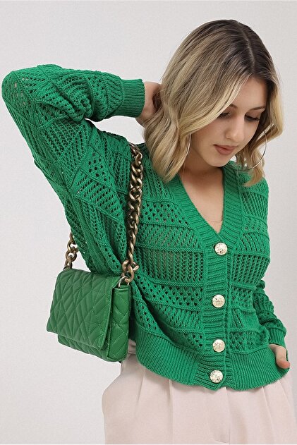 VEGENZE Kadın Yeşil Yazlık Delikli Düğmeli Hırka - Fiyatı, Yorumları