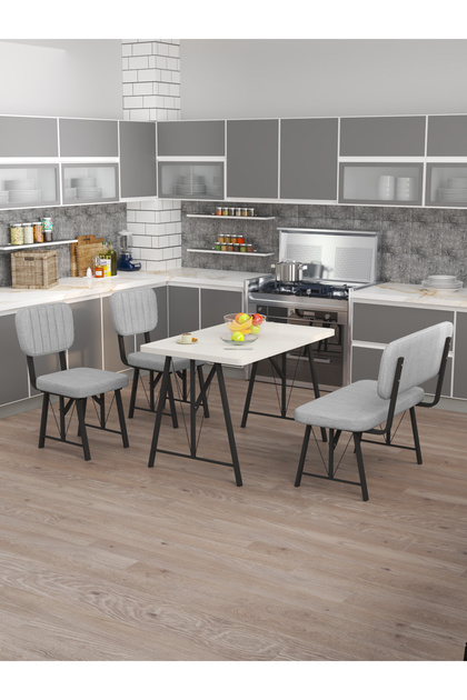 Hayat 70x110 Beyaz Mutfak Masası, Mutfak Masası Takımı, Yemek Masası, 2 Sandalye 1 Bench - Açık Gri