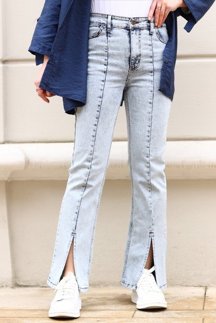 Morena Blue Snow Wash Lycra High Waist Spaghetti Leg Slit Denim Trousers Flare Jean