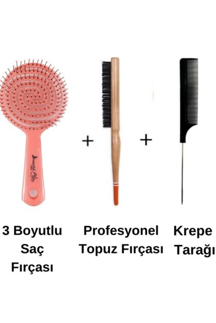 Profesyonel 3 Boyutlu Saç Fırçası + Krepe Şiş Tarak + Topuz Fırçası 3'lü Set