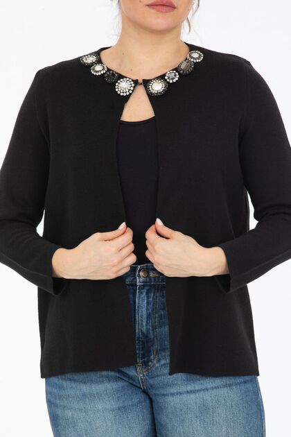 Special Design Wool Cardigan with Brooch Detail on the Collar and Steel Knit