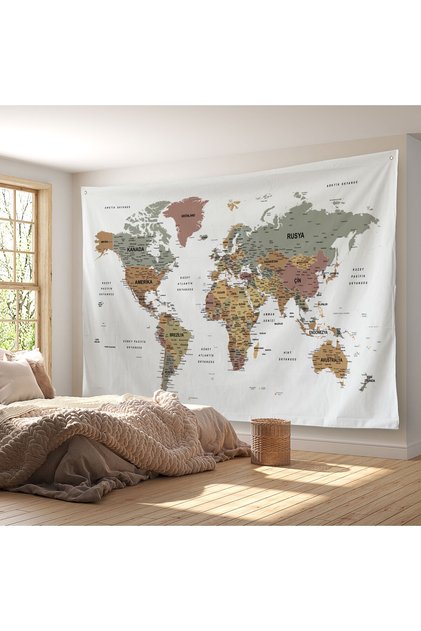 Wall Cover / Carpet Detailed Turkish Current World Map Quality Canvas Fabric-3963