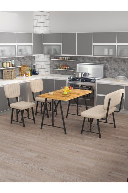 Hayat 70x110 Atlantik Mutfak Masası, Mutfak Masası Takımı, Yemek Masası, 2 Sandalye 1 Bench - Krem