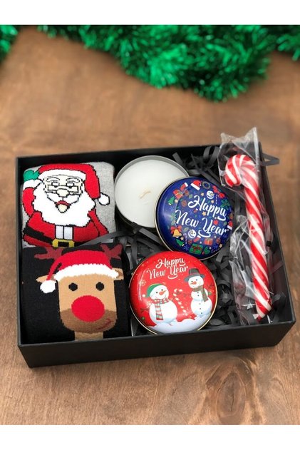 Christmas Printed 2 Pieces of Socks, New Year Concept 2 Candles and Walking Stick Candy Christmas Concept Gift