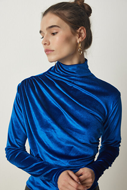 Luna Blue ルナブルー　スニファニーセーター＆トップス　S Happiness İstanbul Kadın Mavi Büzgülü Yaka Şık Kadife Bluz FF00144