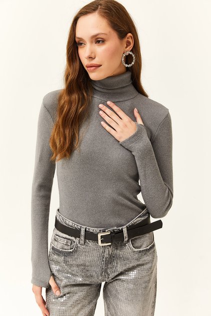 Women's Smoked Turtleneck Finger Detailed Lycra Blouse
