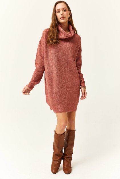 Women's Dusty Rose Ruffle Collar Soft Textured Knitwear Tunic Dress