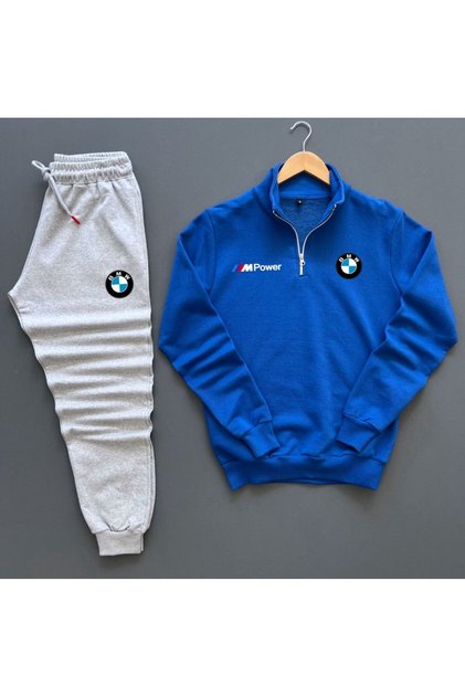 Unisex Blue Gray Bmw Printed Half Zip Sweatshirt Sweatpants Set