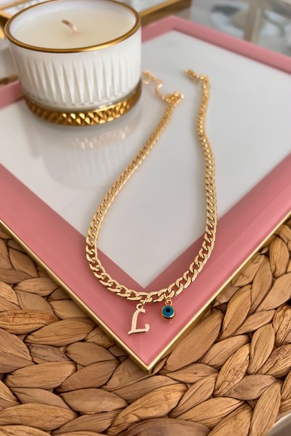 Letter L and Evil Eye Dangle Thin Nostalgia Chain Necklace