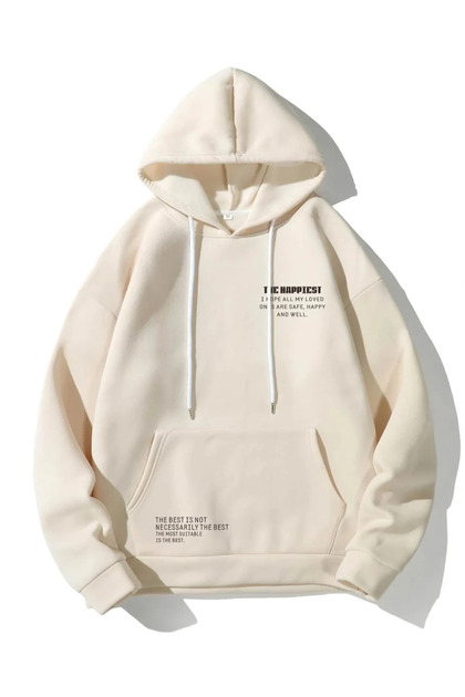 Unisex Bej Happiest Baskılı Oversize Kapşonlu Sweatshirt Bej