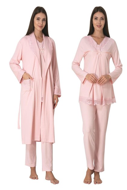 Women's Pink Design Lacy Cotton Maternity Maternity Dressing Gown Pajamas Set 3 Pieces
