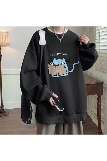 Studying Printed Black Unisex Oversize Crew Neck Sweatshirt