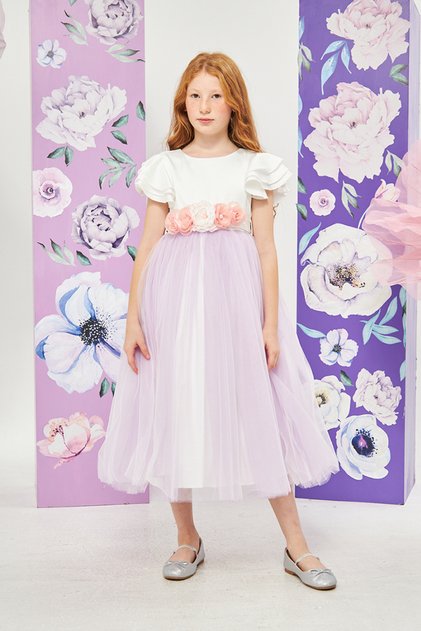 Girl's Dress with Floral Belt and Tulle Skirt
