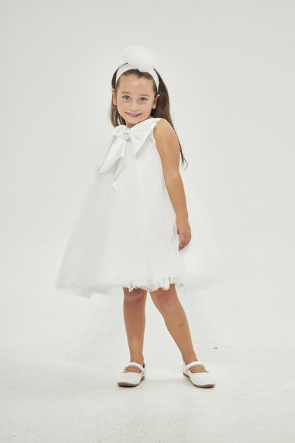 FLUFFY TOWEL GIRL'S DRESS WITH BOW COLLAR