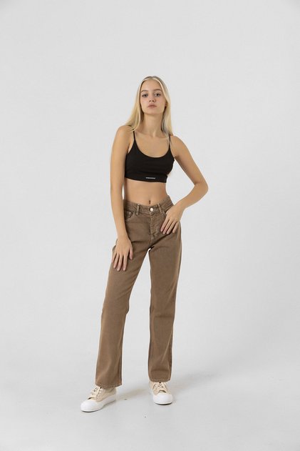 Kadın Kahve Yüksek Bel Straight Fit Jean Pantolon