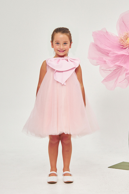 Bow-Neck Puffy Tulle Girls' Dress
