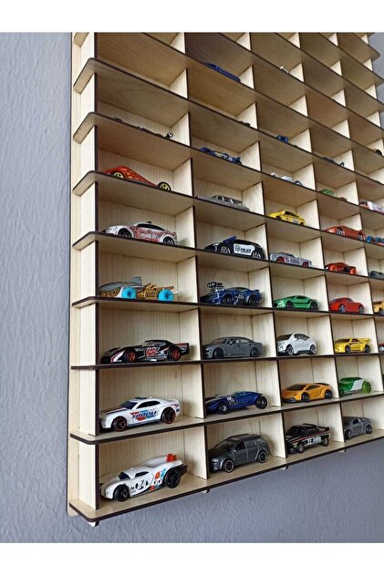 CrDesign Ahşap Oyuncak Araba Rafı 1/64 Dikey 100'lü Akça Ağaç