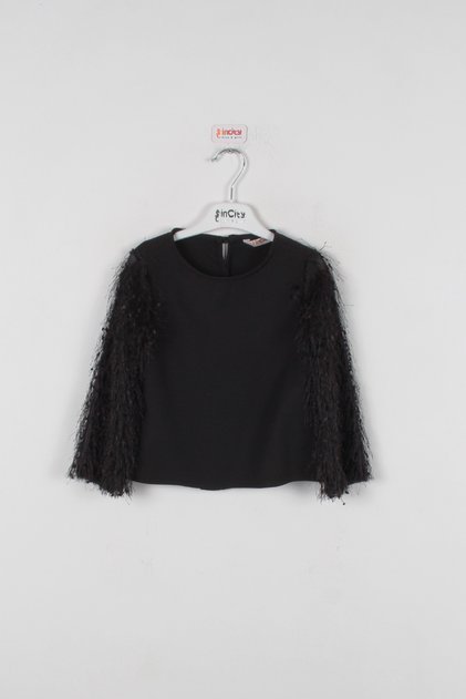 Girl's Black Sleeve Tassel Blouse