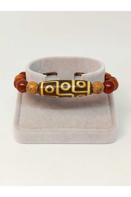 Unisex Tibetan Agate and Jasper Stone Nine Eye Symbol Wooden Bracelet 8mm