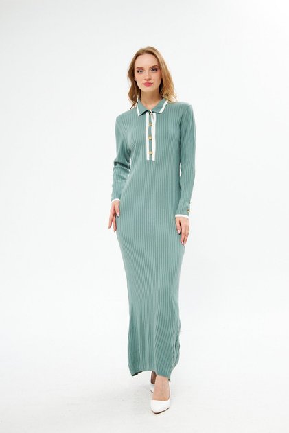 Long Knit Dress with Ribbed Button Detail