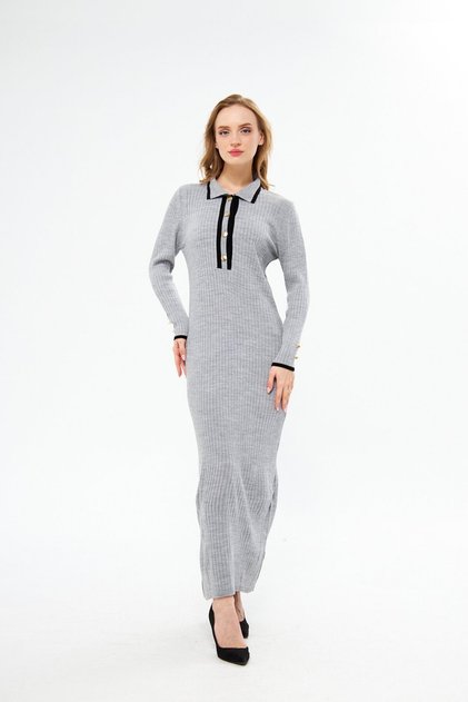 Long Knit Dress with Ribbed Button Detail