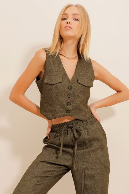 Women's Khaki Lined Collared Woven Wool Blended Vest ALC-X11089