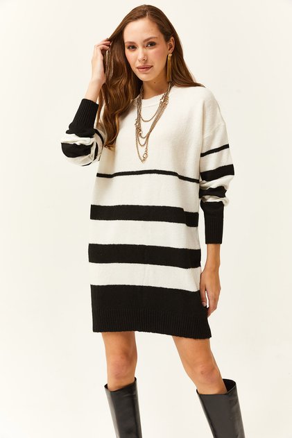 Women's Black Six-Striped Soft Textured Knitwear Tunic Dress