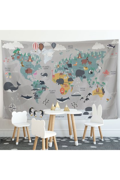 Wall Cloth Children's Room World Map Quality Canvas Wall Tapestry-4045