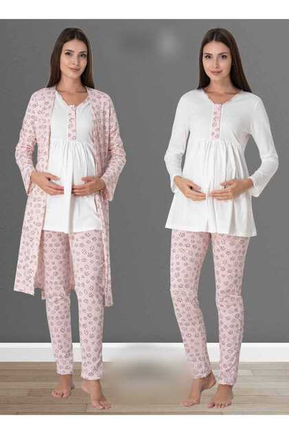 Women's Pink Design Patterned Cotton Maternity Maternity Dressing Gown Pajamas Set 3 Pieces