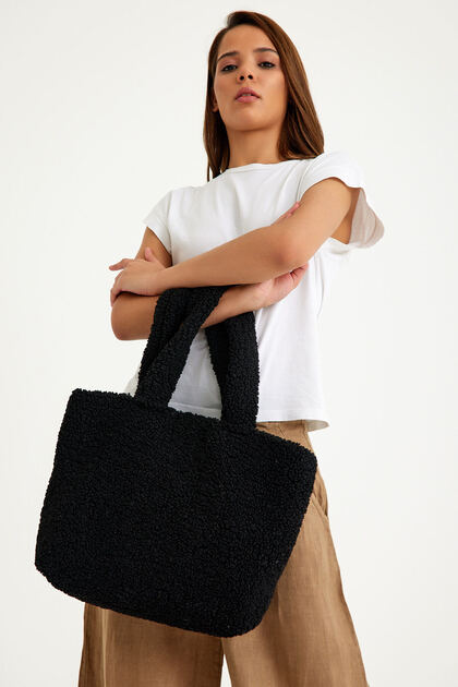 Women's Plush/Teddy Snap Fastener Lined Tote Shoulder Bag