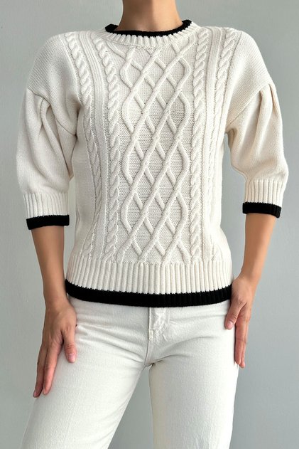 Women's Cream Crew Neck Sleeves Gathered Knitwear Sweater