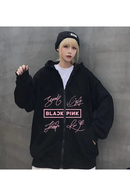 GALASHOP Blackpink İmza Baskılı Siyah Fermuarlı Kapüşonlu