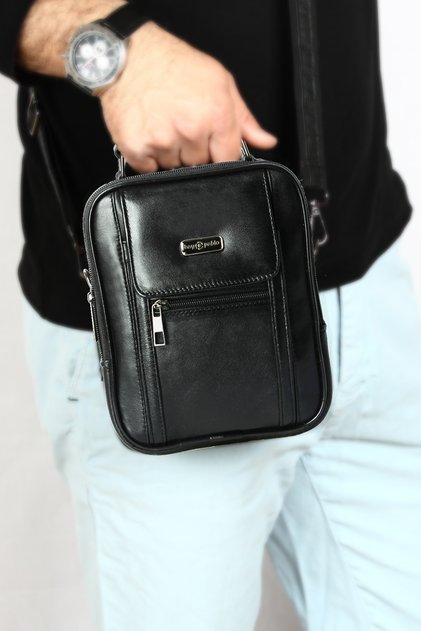 C60 Genuine Leather Steel Case Medium Size Black Men's Handbag