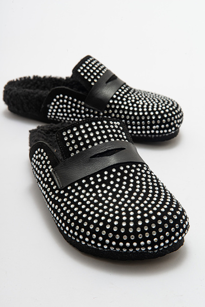 Women's Genuine Leather Stoned Fur Winter Slippers 6240