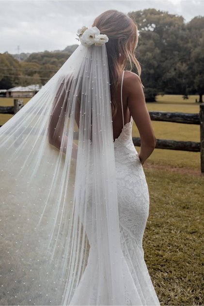 Simple Veil with Dense Pearls 2 Meters - For Bridal Wedding Dress, Wedding, Veil, Tulle, Off White